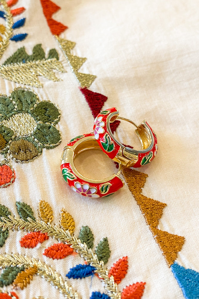 L.A. Red Floral Enamel Hoop Earrings