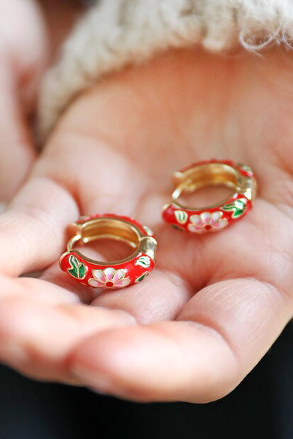 L.A. Red Floral Enamel Hoop Earrings